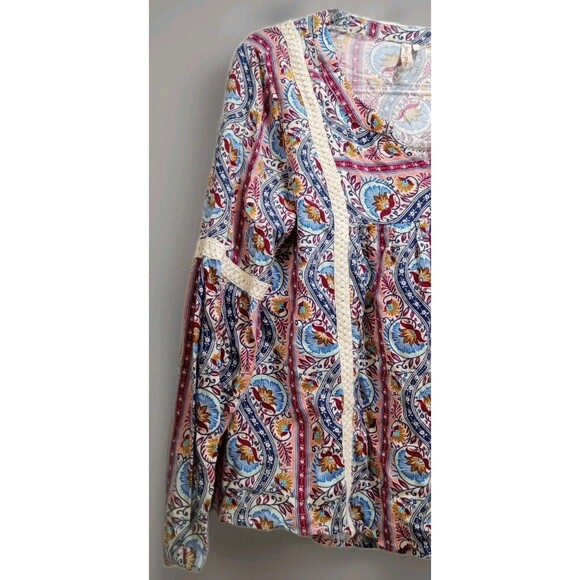 Red Camel Boho Tunic Top L Paisley Print Crochet Trim Long Sleeve Peasant Blouse - Picture 3 of 6
